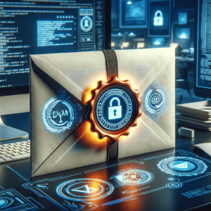 A digital wax seal on a semi-open email envelope, featuring logos of 'DKIM', 'SPF', and 'DMARC' in different areas of the seal, symbolizing security